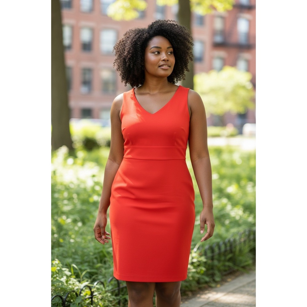 New York & Company Womens Large Orange Red Cotton V-Neck Sheath Dress Sleeveless